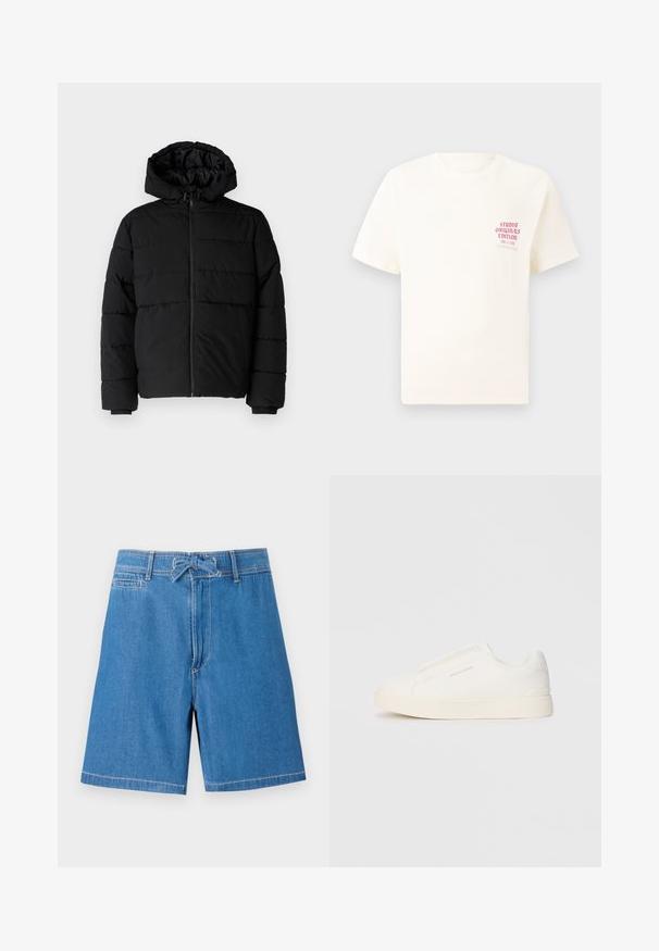 Zwarte pufferjack met een ritssluiting aan de voorkant, een capuchon en een horizontaal gestikt ontwerp. Gemaakt van een gladde, duurzame stof met ribgebreide manchetten.; Witte T-shirt met korte mouwen met rode tekst "Studio Originals Edition" op de linker borst, weergegeven op een neutrale grijze achtergrond.; Lichtblauwe denim short met een trekkoord in de taille, voorzakken en contrasterende stiksels. Klassiek ontwerp, knielange snit.; Witte instap sneakers met een gestructureerd oppervlak, een dikke zool en een minimalistisch ontwerp. Bevat het merklogo aan de zijkant.