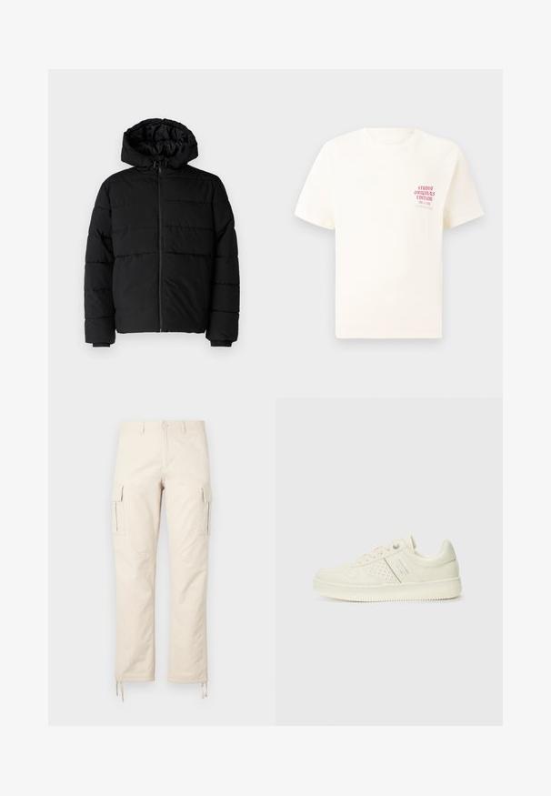 Doudoune noire avec fermeture éclair à l'avant, capuche et design matelassé horizontal. Fabriquée dans un tissu lisse et durable avec des poignets côtelés.; T-shirt blanc à manches courtes avec le texte rouge "Édition Originals du Studio" sur la poitrine gauche, présenté sur un fond gris neutre.; Pantalons cargo beige en tissu mélange de coton. Les caractéristiques incluent deux poches latérales, une conception à jambe droite et des cordons ajustables à l'ourlet.; Sneaker couleur crème avec des détails perforés, des lacets et un logo sur le côté, présenté sur un fond blanc uni.