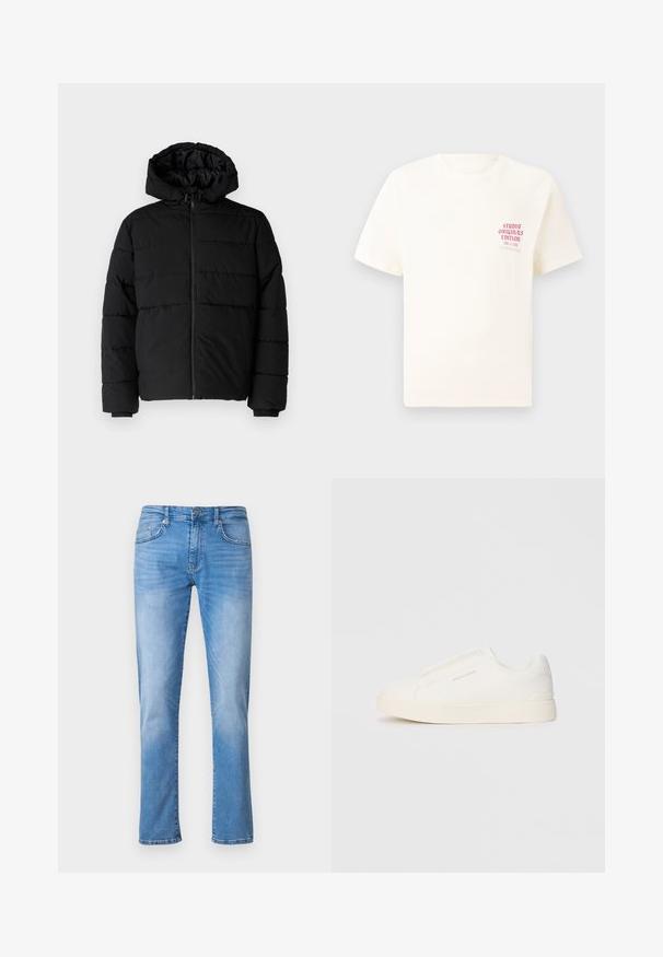 Svart boblejakke med glidelås foran, hette og horisontalt quiltet design. Laget av et glatt, slitesterkt stoff med ribbede cuffs.; Hvit T-skjorte med korte ermer og rød tekst "Studio Originals Edition" på venstre bryst, vist på en nøytral grå bakgrunn.; Lys blå denimjeans med rett ben-design, som har fem lommer, knapp- og glidelås-stenging, samt subtile falmende mønstre.; Hvite slip-on joggesko med teksturert overflate, tykk såle og minimalistisk design. Har merkevarelogo på siden.