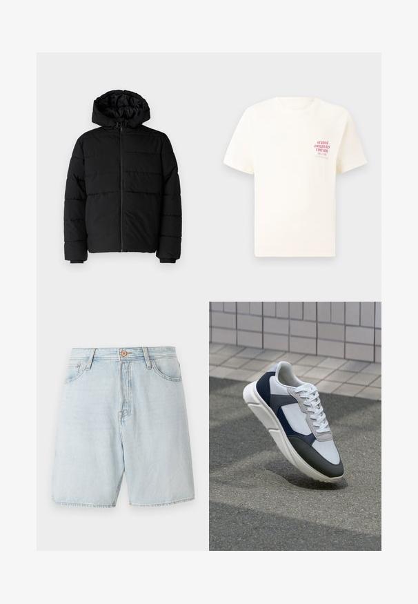 Svart puffjacka med dragkedja fram, huva och horisontellt quiltat mönster. Tillverkad av ett slätt, hållbart tyg med ribbade ärmslut.; Vit kortärmad T-shirt med röd text "Studio Originals Edition" på vänster bröst, är uppställd på en neutral grå bakgrund.; Ljust blå denimshorts med hög midja, femfickorsdesign och kontrasterande sömmar. Har en klassisk knapp- och dragkedjestängning.; Vit, marinblå och grå sneaker med en blandad materialdesign, som har ett texturerat ovandel, platta snören och en vadderad sula.