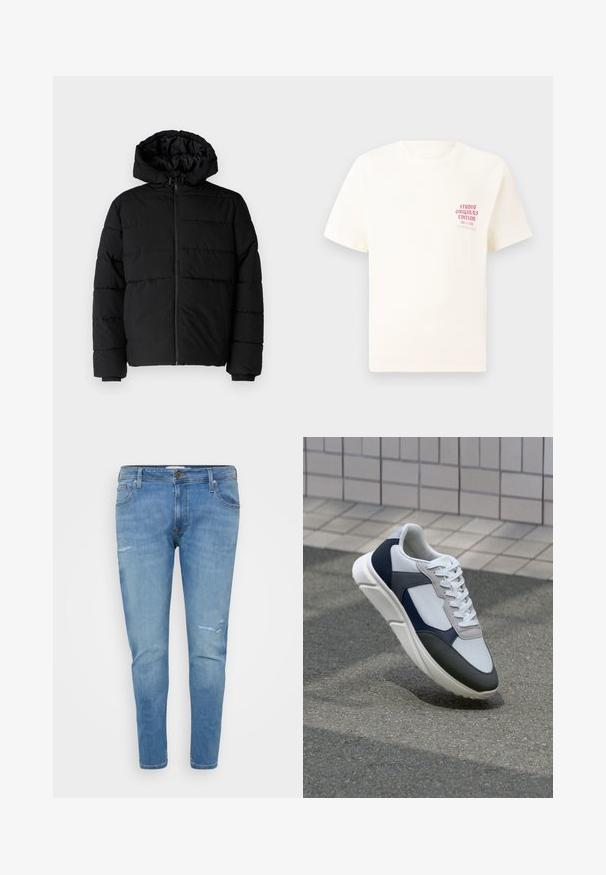 Fekete puff dzseki cipzárral elöl, kapucnival és vízszintes steppelt mintázattal. Simább, tartós anyagból készült, bordázott mandzsettákkal.; Fehér, rövid ujjú póló, bal mellen piros szöveggel "Studio Originals Edition", semleges szürke háttér előtt.; Világoskék farmernadrág, slim-fit fazonnal, térdnél kopott részletekkel és klasszikus ötpocket stílusban. Gombos zárás deréknál.; Fehér, tengerészkék és szürke sneaker vegyes anyagokból készült dizájnnal, amely textúrázott felsőrésszel, lapos fűzőkkel és párnázott talppal rendelkezik.