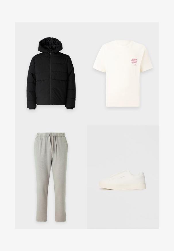 Černá péřová bunda s předním zipem, kapucí a vodorovným prošíváním. Vyrobena z hladké a odolné látky s žebrovanými manžetami.; Bílý krátký rukávový tričko s červeným textem "Studio Originals Edition" na levé hrudi, vystavené na neutrálním šedém pozadí.; Světlé šedé tepláky s elastickým pasem se šňůrkou, zúženými nohavicemi a strukturovanou látkou pro větší pohodlí.; Bílé slip-on tenisky s texturovaným povrchem, silnou podešví a minimalistickým designem. Na boku je umístěno logo značky.