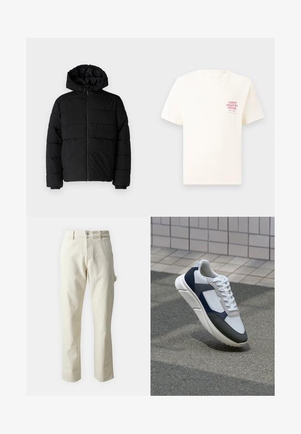 Fekete puff dzseki cipzárral elöl, kapucnival és vízszintes steppelt mintázattal. Simább, tartós anyagból készült, bordázott mandzsettákkal.; Fehér, rövid ujjú póló, bal mellen piros szöveggel "Studio Originals Edition", semleges szürke háttér előtt.; Puha textúrájú, bézs színű, egyenes lábú pamut nadrág, elöl gombos záródással és oldalsó zsebekkel.; Fehér, tengerészkék és szürke sneaker vegyes anyagokból készült dizájnnal, amely textúrázott felsőrésszel, lapos fűzőkkel és párnázott talppal rendelkezik.