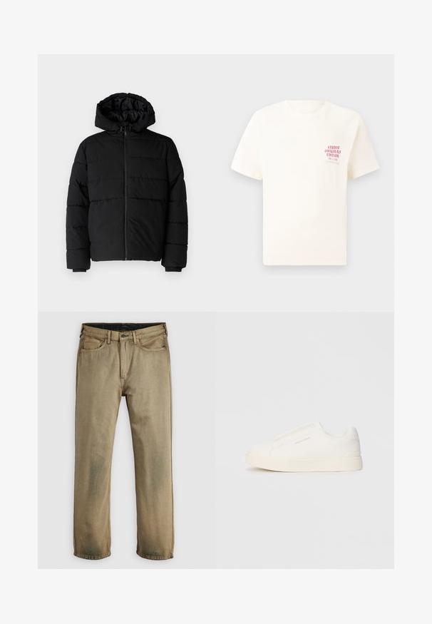 Fekete puff dzseki cipzárral elöl, kapucnival és vízszintes steppelt mintázattal. Simább, tartós anyagból készült, bordázott mandzsettákkal.; Fehér, rövid ujjú póló, bal mellen piros szöveggel "Studio Originals Edition", semleges szürke háttér előtt.; Khaki színű, egyenes szárú farmernadrág öt zsebbel, gombos záródással és övhurkokkal, fehér háttéren ellapítva.; Fehér slip-on sportcipők texturált felülettel, vastag talppal és minimalista dizájnnal. Az oldalon a márka logója található.