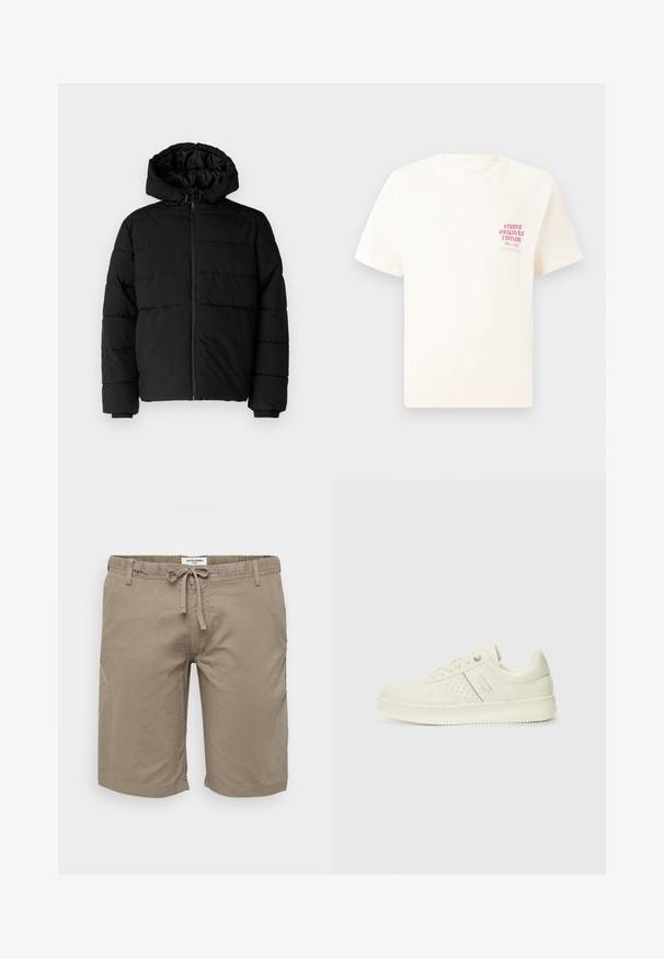 Casaco puffer preto com fecho de correr, capuz e design acolchoado horizontal. Feito de um tecido liso e durável com punhos canelados.; T-shirt branca de mangas curtas com o texto vermelho "Edição Originais do Estúdio" no lado esquerdo do peito, apresentada sobre um fundo cinza neutro.; Berh shorts de algodão bege com uma cintura elástica e cordão, bolsos laterais e corte reto. Textura suave e design minimalista.; Sapatilha de cor creme com detalhes perfurados, atacadores e logotipo na lateral, apresentada contra um fundo branco liso.