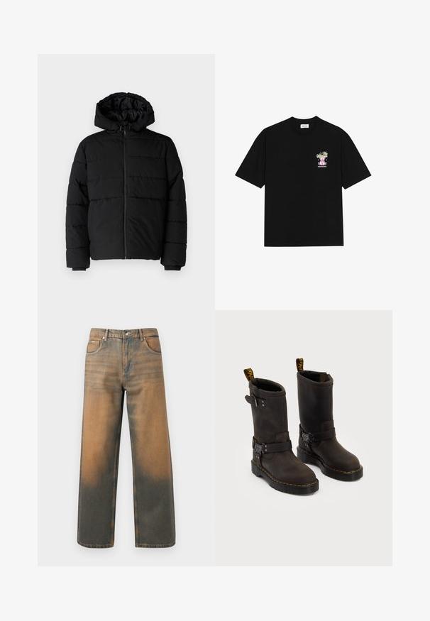 Melna pūkainā jaka ar rāvējslēdzēju priekšā, kapuci un horizontālu quiltēšanas dizainu. Izgatavota no gludas, izturīgas auduma ar ribotām piedurknēm.; Melna kokvilnas T-krekls ar krāsainu grafiku pa kreisi uz krūtīm, attēlojošu lāci un stilizētu tekstu, ar īsām piedurknēm un apaļu kakla izgriezumu.; Platas kāju džinsi novecojušajā zilā un brūnā denimā. Ievērojams augsts viduklis, priekšējās kabatas un klasiskā pogu aizdare ar metāliskām akcentiem.; Tumši brūni ādas zābaki ar vidukļa dizainu, dzelteni izšuvumi, regulējamas sprādzes un cilpas augšpusē. Strukturēta apdare.