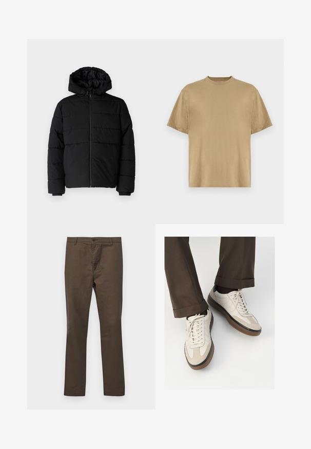 Črna puhovka z zadrgo spredaj, kapuco in vodoravno šivano obliko. Narejena je iz gladkega, trpežnega materiala z rebrastimi manšetami.; Khaki majica s kratkimi rokavi, izdelana iz mehkega materiala, z okroglo ovratnico in sproščenim krojem. Brez vzorcev ali grafik.; Rjave bombažne hlače s ravnim krojem, z gumbnim zapiranjem in zankami za pas, gladka tekstura brez vzorcev ali dodatkov.; Bež teniske z teksturiranim prednjim delom iz usnja, gladkimi kožnimi stranicami in rjavo gumijasto podplatom. Vključene vezalke in svetla šivana detajla.