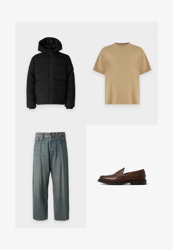 Black puffer jacket featuring a zip front, a hood, and horizontal quilted design. Made of a smooth, durable fabric with ribbed cuffs.; Khaki short-sleeve T-shirt made of soft fabric, featuring a round neckline and a relaxed fit. No patterns or graphics are visible.; Light blue denim jeans with a loose fit, mid-rise waist, and straight legs. Features five pockets, belt loops, and a button closure.; Brown leather loafers with a rounded toe, inset stitching detail, and a low stacked heel. Smooth texture and minimalist design.