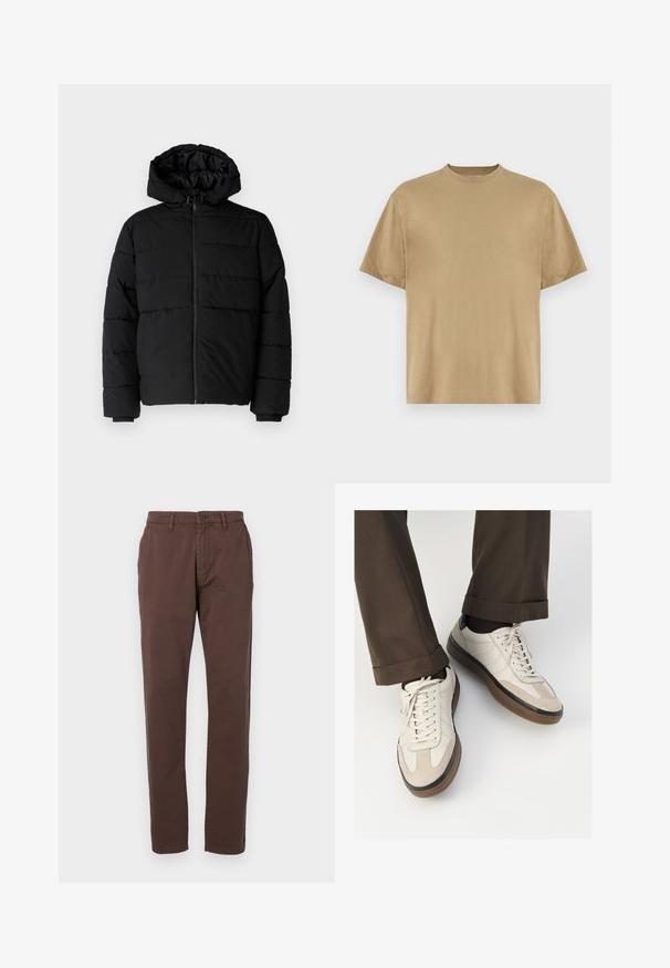 Črna puhovka z zadrgo spredaj, kapuco in vodoravno šivano obliko. Narejena je iz gladkega, trpežnega materiala z rebrastimi manšetami.; Khaki majica s kratkimi rokavi, izdelana iz mehkega materiala, z okroglo ovratnico in sproščenim krojem. Brez vzorcev ali grafik.; Rjavi bombažni chinos hlače s ravnim krojem, ki imajo sprednje zapiranje na gumb in stranske žepke. Gladka tekstura z klasičnim krojem.; Bež teniske z teksturiranim prednjim delom iz usnja, gladkimi kožnimi stranicami in rjavo gumijasto podplatom. Vključene vezalke in svetla šivana detajla.