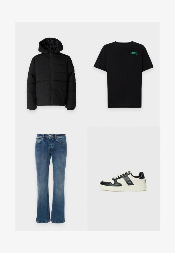 Black puffer jacket featuring a zip front, a hood, and horizontal quilted design. Made of a smooth, durable fabric with ribbed cuffs.; Black t-shirt made of cotton with short sleeves. Features a green "ROOTS" logo on the front, round neckline, and standard fit.; Denim flared jeans in medium blue. Features a classic five-pocket design, subtle fading, and a zip fly with a button closure.; Leather sneakers with a black and cream color scheme, featuring perforated accents, a padded collar, and a textured outsole.