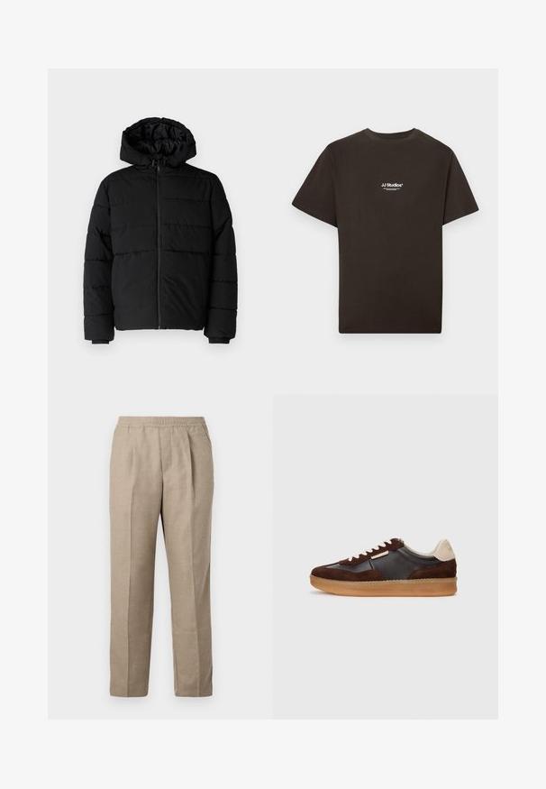 Giacca a vento nera con zip frontale, cappuccio e design a righe orizzontali. Realizzata in un tessuto liscio e resistente con polsini a coste.; T-shirt in cotone nero con maniche corte e collo tondo, con il logo "JJ Studios" bianco al centro davanti. Tessuto liscio.; Pantaloni beige, comodi, con vita elasticizzata, gamba dritta e due pince frontali. Realizzati in un tessuto testurizzato e intrecciato.; Sneaker in pelle scamosciata e cuoio marrone con suola in gomma, caratterizzato da accenti beige e lacci bianchi. Punta arrotondata e dettagli minimali.