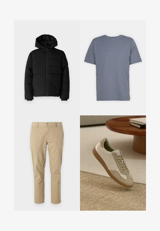 Čierna puff jacket s predným zipsom, kapucňou a horizontálnym prešívaním. Vyrobená z hladkej, odolnej tkaniny s rebrovanými manžetami.; Šedé tričko s krátkymi rukávmi a okrúhlym výstrihom, vyrobené z jemnej bavlnenej zmesi. Jednoduchý dizajn, bez vzorov alebo akcentov.; Béžové bavlnené plátenné nohavice so slim fit strihom, s gombíkovým zapínaním, pútkami na opasok a rovnými nohavicami. Hladký povrch, bez výrazných vzorov.; Ľahké tenisky s bielou koženou vrchnou časťou a béžovými semišovými akcentmi, okrúhlou špičkou a textúrovanou hnedou gumovou podrážkou.