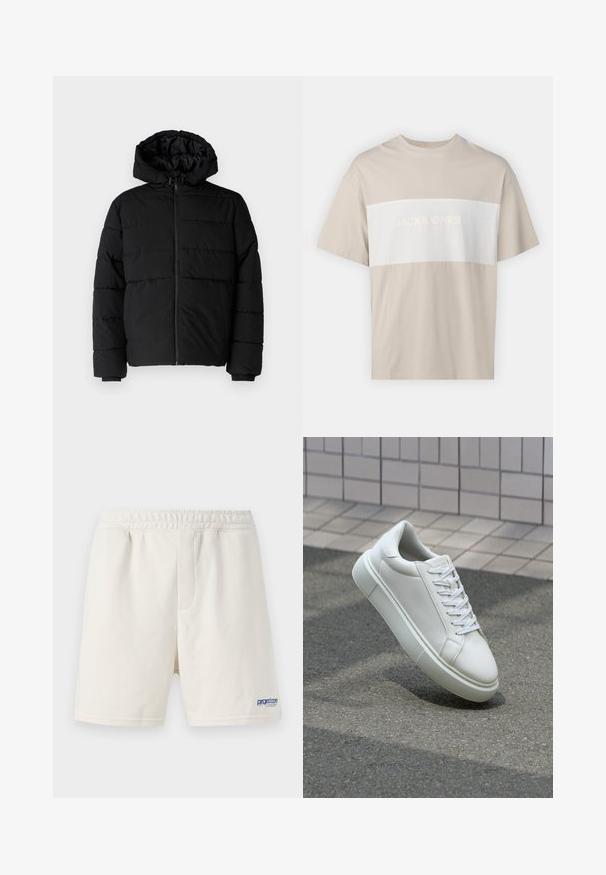 Melna pūkainā jaka ar rāvējslēdzēju priekšā, kapuci un horizontālu quiltēšanas dizainu. Izgatavota no gludas, izturīgas auduma ar ribotām piedurknēm.; Bēšas kokvilnas t-krekls ar baltu horizontālu paneļu, kurā ir uzraksts "JACK & JONES ESSENTIALS WORLDWIDE" reljefā drukā. Īsas piedurknes.; Krēmkrāsas šorti, kas izgatavoti no mīkstas kokvilnas maisījuma, ar elastīgu jostu un zilu logo apakšējā kreisajā stūrī.; Baltas ādas sporta apavi ar gludu virsmu, apaļu pirkstu un plakanām baltām šņorēm. Iezīmējas ar strukturētu gumijas zoli un minimālisma dizaina elementiem.