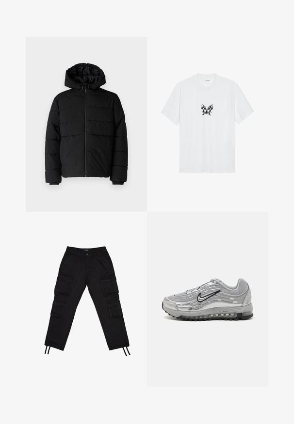 Svart boblejakke med glidelås foran, hette og horisontalt quiltet design. Laget av et glatt, slitesterkt stoff med ribbede cuffs.; Hvit bomulls t-skjorte med kort erme og rund hals. Har et sentralt svart flamme-mønster av sommerfuglgrafikk. Glatt tekstur.; Svarte cargobukser med flere store sidelommer, snøring i midjen, innsnevrede benåpninger og en glatt stofftekstur.; Grå Nike Air Max sneakers med øvre del i mesh og syntetisk materiale, bølgelignende design, svarte detaljer og en synlig luftdemping enhet.