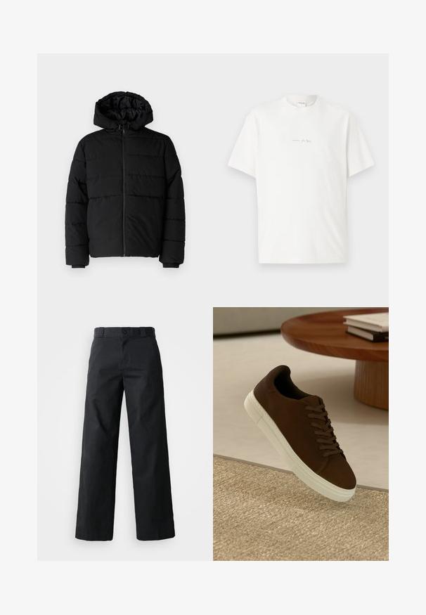 Melna pūkainā jaka ar rāvējslēdzēju priekšā, kapuci un horizontālu quiltēšanas dizainu. Izgatavota no gludas, izturīgas auduma ar ribotām piedurknēm.; Balts kokvilnas T-krekls ar apaļu kakla izgriezumu, īsām piedurknēm un mazu drukātu logotipu priekšā. Gluda tekstūra un brīvs griezums.; Melni platajās bikses, izgatavotas no kokvilnas. Tiem ir pogu aizdare, jostas cilpas un sānu kabatas. Gluda tekstūra ar pielāgotu griezumu.; Brūna zamšāda sneaker ar plakanām auklām un baltu gumijas zoli, ar noapaļotu purngalu un minimālistisku dizainu, novietota uz teksturētas virsmas.