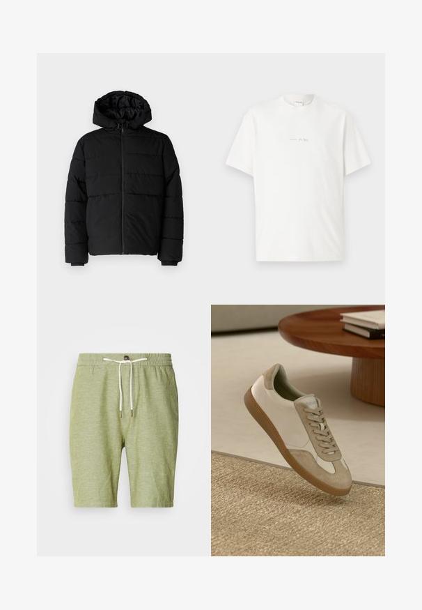 Schwarze Daunenjacke mit Reißverschluss vorne, Kapuze und horizontalem Steppmuster. Hergestellt aus einem glatten, strapazierfähigen Stoff mit gerippten Manschetten.; Weißes Baumwoll-T-Shirt mit Rundhalsausschnitt, kurzen Ärmeln und einem kleinen Logo-Aufdruck auf der Vorderseite. Glatte Textur und lässige Passform.; Hellgrüne Shorts aus einer Baumwollmischung mit einem elastischen Bund und Kordelzug mit Metallenden, kurzer Länge und ohne Taschen.; Leichtgewichtiger Sneaker mit einem Obermaterial aus weißem Leder und beigen Wildlederakzenten, runder Zehenpartie und einer strukturierten braunen Gummisohle.