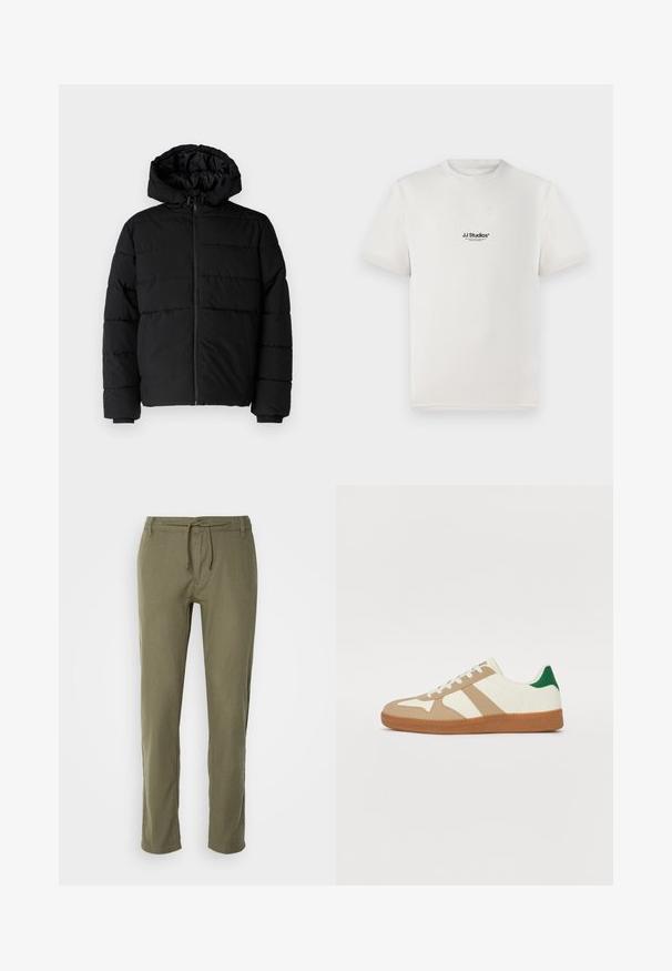 Sort pufferjakke med lynlås foran, hætte og vandret quiltet design. Lavet af et glat og holdbart stof med ribbede manchetter.; Hvid bomuld t-shirt med korte ærmer, prydet med et sort "JJ Studios" logo på brystet. Rund hals og standard pasform.; Oliven grønne, letvægtsbukser med lige snit, justerbar snor i taljen og subtilt struktureret stof. Ingen synlige lommer.; Sneakers med en overdels i hvid læder, overlag i tan ruskind, grøn hælakkent og en struktureret gummisål. Har tre striber i tan.
