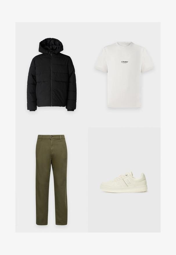 Črna puhovka z zadrgo spredaj, kapuco in vodoravno šivano obliko. Narejena je iz gladkega, trpežnega materiala z rebrastimi manšetami.; Bela bombažna majica s kratkimi rokavi, ki na prsih nosi črni logotip "JJ Studios". Ima krožni ovratnik in standardno prileganje.; Olivno zeleni bombažni hlače s ravnim krojem, zapenjanjem na gumb in minimalnimi šivi. Gladka tekstura in brez izrazitih vzorcev.; Sneaker v kremni barvi s perforiranim detajlom, vezalkami in logotipom na strani, prikazan na enostavni beli ozadju.
