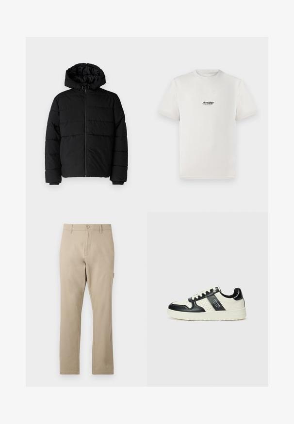 Jachetă puffer neagră cu fermoar în față, glugă și un design matlasat orizontal. Fabricată dintr-un material neted și rezistent, cu manșete ribbate.; Tricou alb din bumbac, cu mâneci scurte, având un logo negru "JJ Studios" pe piept. Design cu guler rotund și croială standard.; Pantaloni din bumbac bej cu un design cu picioare drept, prezentând o închidere frontală cu buton și detalii subtile de cusătură. Textură netedă, fără imprimeuri.; Tenisi din piele cu un scheme de culori negru și crem, dotati cu accente perforate, guler căptușit și o talpă texturată.