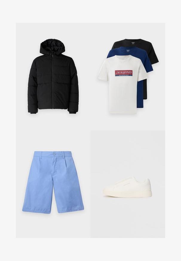 Casaco puffer preto com fecho de correr, capuz e design acolchoado horizontal. Feito de um tecido liso e durável com punhos canelados.; Três t-shirts de gola redonda, de manga curta, empilhadas: uma branca com logotipo vermelho e azul, uma azul-marinho e uma preta, exibidas em fundo branco.; Calças de algodão azul claro com frente lisa, dois bolsos laterais e fecho de um único botão. Apresenta uma textura suave e pernas de corte reto.; Sapatilhas brancas de atacar com uma superfície texturizada, sola grossa e design minimalista. Possui o logo da marca na lateral.