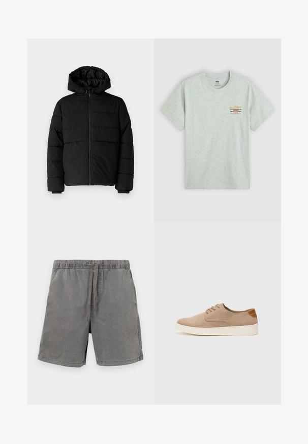 Black puffer jacket featuring a zip front, a hood, and horizontal quilted design. Made of a smooth, durable fabric with ribbed cuffs.; Gray cotton t-shirt with short sleeves, round neck, featuring multicolored brand logo print on the upper left side. Smooth texture.; Gray cotton shorts featuring an elastic waistband with a cord, straight cut, and single side pockets. Smooth texture and casual design.; Beige suede sneakers with a rounded toe, lace-up front, and a textured back accent. White rubber sole provides contrast. Simple and modern design.