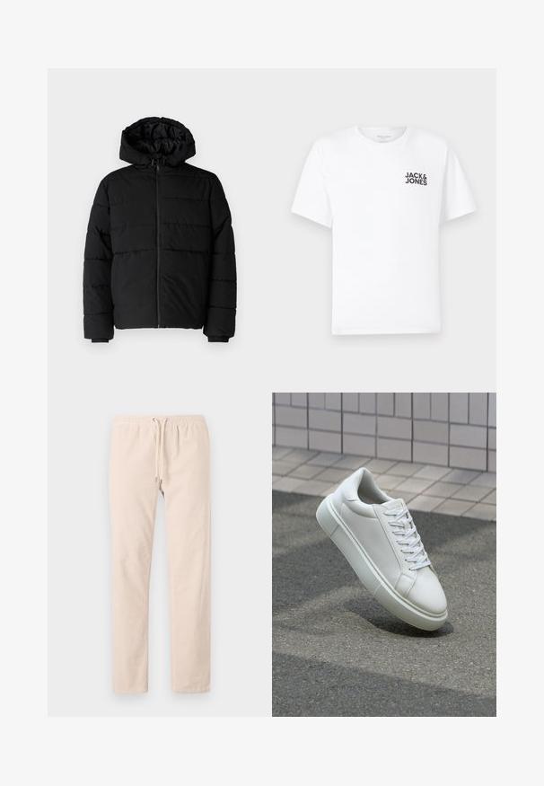 Črna puhovka z zadrgo spredaj, kapuco in vodoravno šivano obliko. Narejena je iz gladkega, trpežnega materiala z rebrastimi manšetami.; Bela bombažna majica, kratki rokavi, okrogla izreza. Na levi strani prsnega dela se nahaja črn logotip "JACK & JONES". Preprost, enostaven dizajn.; Svetlo bež hlače iz mehke tkanine, s hitro elastično pasom in vezalko ter naravnost krojem. Gladka tekstura, brez vzorcev.; Bela usnjena teniska obutev z gladko površino, okroglo konico in ravnimi belimi vezalkami. Ima teksturiran gumijast podplat in minimalne oblikovalske elemente.