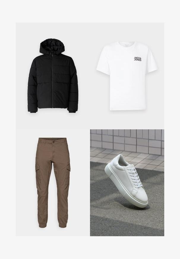Sort pufferjakke med lynlås foran, hætte og vandret quiltet design. Lavet af et glat og holdbart stof med ribbede manchetter.; Hvid bomulds t-shirt, korte ærmer, rund hals. Har et sort tekstlogo "JACK & JONES" på venstre brystområde. Enkelt, ensartet design.; Cargo bukser i en mørkebrun farve, lavet af slidstærkt stof. Har elastiske manchetter, sidelommer og en frontlukning med knap.; Hvide lædersneakers med en glat overflade, rund tå og flade hvide snørebånd. Har en tekstureret gummisål og minimalt design.