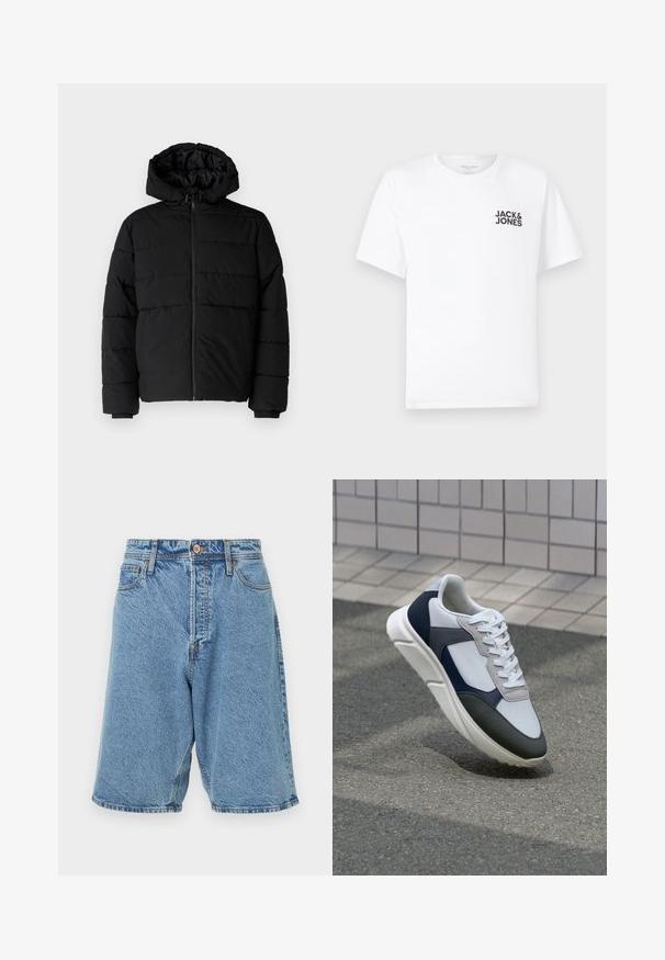 Czarna kurtka puchowa z zamkiem z przodu, kapturem i poziomym pikowaniem. Wykonana z gładkiego, trwałego materiału z prążkowanymi mankietami.; Biała bawełniana koszulka, krótki rękaw, okrągły dekolt. Posiada czarny tekst logo "JACK & JONES" po lewej stronie klatki piersiowej. Prosty, gładki design.; Szorty denimowe w jasnoniebieskim kolorze z wyblakłą teksturą. Posiadają zapięcie na guzik z przodu, szlufki na pasek oraz boczne kieszenie. Akcenty mocnego przeszycia.; Białe, granatowe i szare sneakersy o mieszanej konstrukcji, z teksturowanym wierzchem, płaskimi sznurowadłami i amortyzowaną podeszwą.