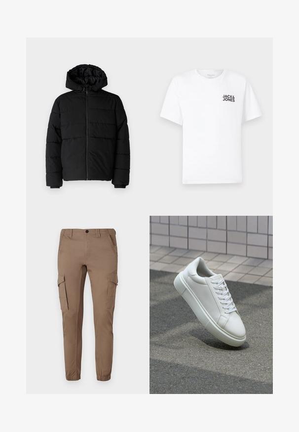 Casaco puffer preto com fecho de correr, capuz e design acolchoado horizontal. Feito de um tecido liso e durável com punhos canelados.; T-shirt de algodão branco, mangas curtas, com decote redondo. Apresenta o logotipo em texto preto "JACK & JONES" na área do peito esquerdo. Design simples e liso.; Calças cargo castanhas claras com punhos elásticos, múltiplos bolsos laterais e um design ajustado, confeccionadas a partir de um material liso e durável.; Tênis de couro branco com superfície lisa, bico redondo e cadarços brancos planos. Apresenta uma sola de borracha texturizada e elementos de design minimalistas.