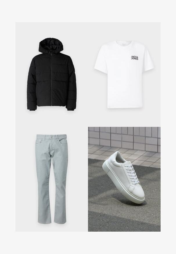 Casaco puffer preto com fecho de correr, capuz e design acolchoado horizontal. Feito de um tecido liso e durável com punhos canelados.; T-shirt de algodão branco, mangas curtas, com decote redondo. Apresenta o logotipo em texto preto "JACK & JONES" na área do peito esquerdo. Design simples e liso.; Jeans de ganga azul-clara com um corte reto, cinco bolsos, fecho de zip e uma textura subtil. Apresenta passadores para cinto e costura em contraste.; Tênis de couro branco com superfície lisa, bico redondo e cadarços brancos planos. Apresenta uma sola de borracha texturizada e elementos de design minimalistas.