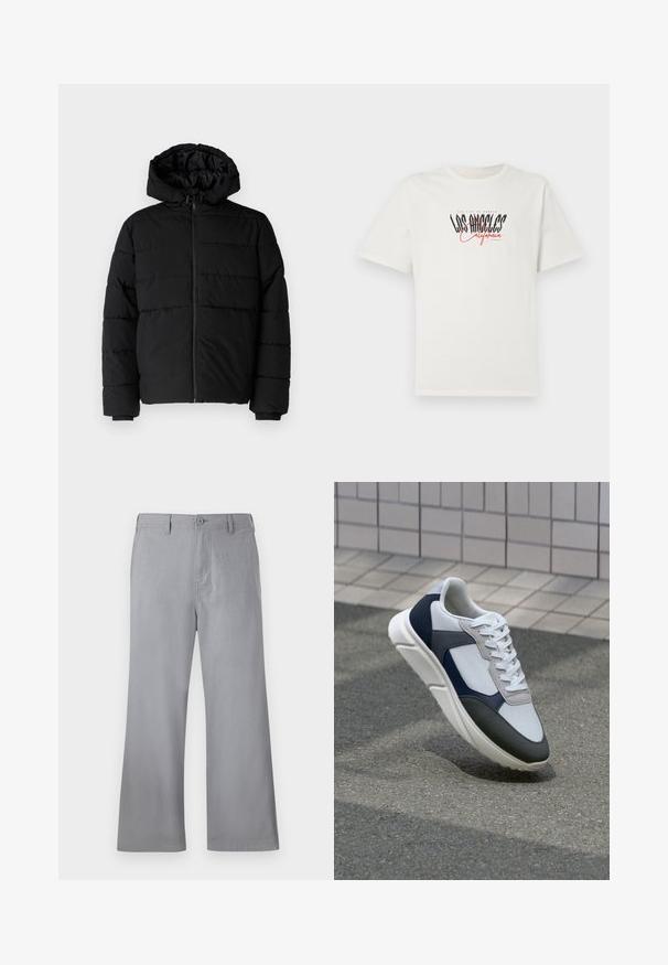 Casaco puffer preto com fecho de correr, capuz e design acolchoado horizontal. Feito de um tecido liso e durável com punhos canelados.; T-shirt de algodão branco com mangas curtas e decote redondo. Apresenta um gráfico com "Los Angeles California" em preto e vermelho. Ajuste simples e descontraído.; Calças largas cinzentas feitas de um tecido suave, apresentando um fecho frontal por botão, passantes para cinto e um design limpo, sem padrões ou detalhes visíveis.; Sapatilhas brancas, azuis-marinho e cinzas com um design de materiais mistos, apresentando uma parte superior texturizada, atacadores planos e uma sola acolchoada.