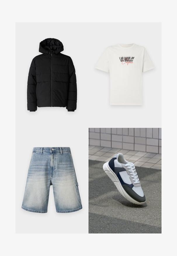 Casaco puffer preto com fecho de correr, capuz e design acolchoado horizontal. Feito de um tecido liso e durável com punhos canelados.; T-shirt de algodão branco com mangas curtas e decote redondo. Apresenta um gráfico com "Los Angeles California" em preto e vermelho. Ajuste simples e descontraído.; Calções de ganga de cor azul desbotada, de corte largo e com corte reto. Apresenta cinco bolsos e passantes para cinto com um padrão ligeiramente desgastado.; Sapatilhas brancas, azuis-marinho e cinzas com um design de materiais mistos, apresentando uma parte superior texturizada, atacadores planos e uma sola acolchoada.