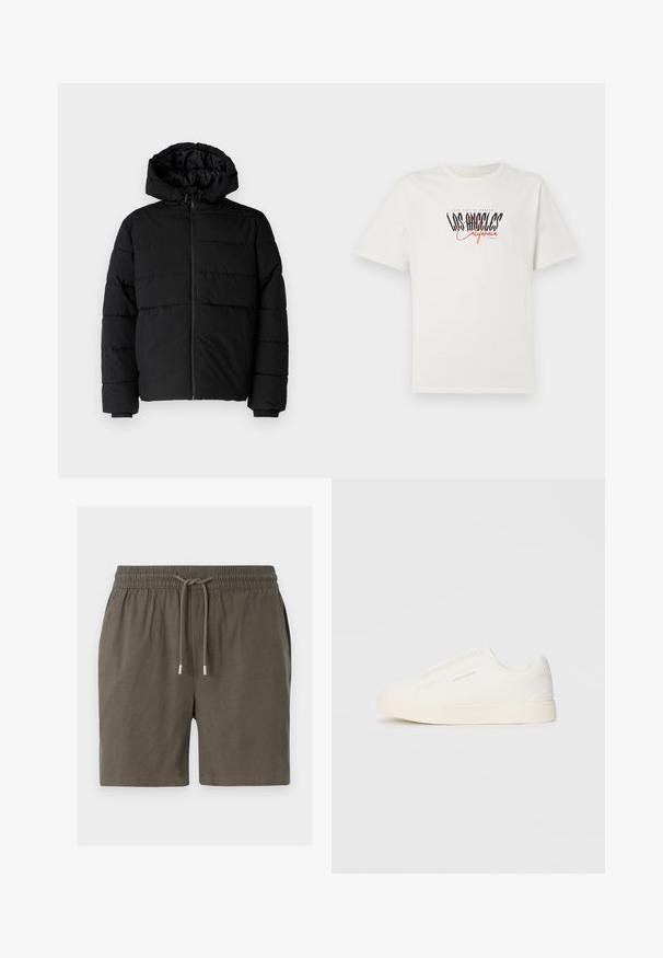 Musta puhvijakku, jossa on vetoketjukiinnitys, huppu ja vaakasuora tikkauksen rakenne. Valmistettu sileästä, kestävästä kankaasta, jossa on röpelöiset hihansuut.; Valkoinen puuvillapaita, jossa on lyhyet hihat ja pyöreä kaula-aukko. Musta ja punainen "Los Angeles California" -grafiikka. Yksinkertainen, rento malli.; Tummanvihreät shortsit, joissa on joustava vyötärö, naruaski ja sileä, kevyt rakenne. Ei näkyviä taskuja tai kuvioita.; Valkoiset liukusukat, joissa on teksturoitu pinta, paksu pohja ja minimalistikot. Sivulla on brändin logo.