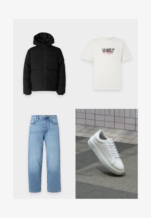 Giacca a vento nera con zip frontale, cappuccio e design a righe orizzontali. Realizzata in un tessuto liscio e resistente con polsini a coste.; T-shirt bianco in cotone con maniche corte e colletto rotondo. Presenta una grafica "Los Angeles California" in nero e rosso. Fit semplice e rilassato.; Jeans in denim blu chiaro con design a gamba dritta, vita alta, cinque tasche e una leggera sfumatura. Presentano chiusura con bottone e passanti per cintura.; Sneaker bianco in pelle con superficie liscia, punta rotonda e lacci piatti bianchi. Presenta una suola in gomma texturizzata e un design minimale.