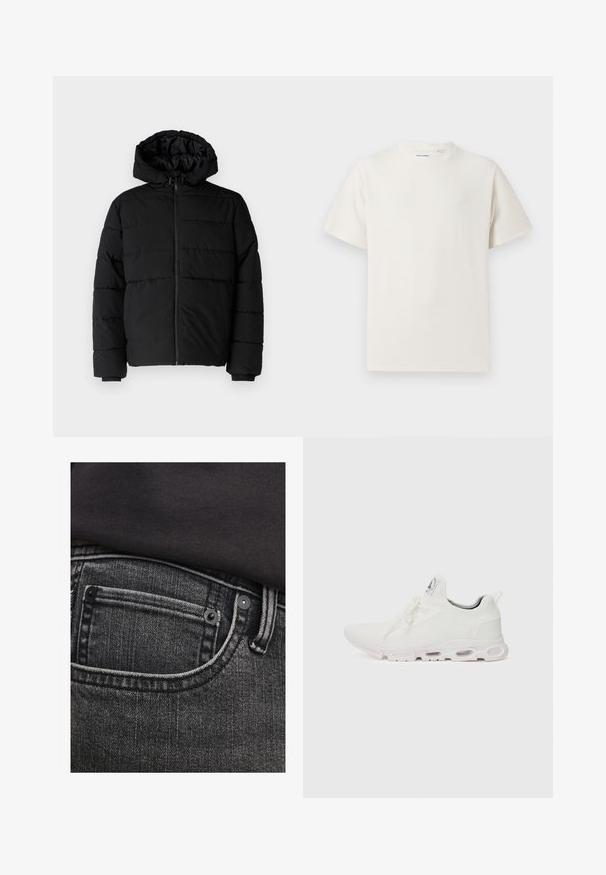 Casaco puffer preto com fecho de correr, capuz e design acolchoado horizontal. Feito de um tecido liso e durável com punhos canelados.; T-shirt branco de manga curta em textura canelada. Gola redonda, ajuste descontraído, sem padrões ou detalhes visíveis. Design simples e versátil.; Jeans de ganga cinza escuro com um bolso superior, costura em contraste e rebites de metal. A textura parece ligeiramente desgastada com linhas verticais.; Ténis atléticos brancos com um superior em malha texturizada, atacadores planos e uma sola acolchoada com câmaras de ar visíveis para maior suporte.