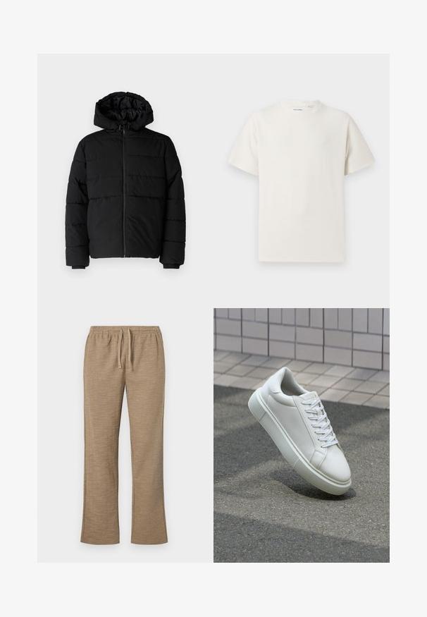 Sort pufferjakke med lynlås foran, hætte og vandret quiltet design. Lavet af et glat og holdbart stof med ribbede manchetter.; Hvid kortærmet T-shirt i ribbet tekstur. Rund halsudskæring, løs pasform, ingen synlige mønstre eller accenter. Enkel og alsidig design.; Beige bukser med et struktureret mønster, der har en elastisk talje med snørebånd. Lige ben design med en let udvidet bund.; Hvide lædersneakers med en glat overflade, rund tå og flade hvide snørebånd. Har en tekstureret gummisål og minimalt design.