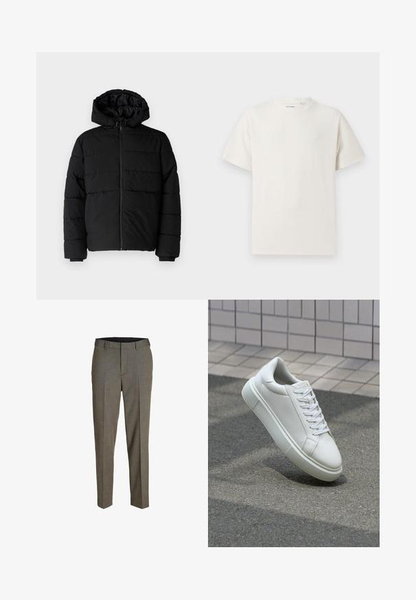 Melna pūkainā jaka ar rāvējslēdzēju priekšā, kapuci un horizontālu quiltēšanas dizainu. Izgatavota no gludas, izturīgas auduma ar ribotām piedurknēm.; Balta krūštura īsām piedurknēm ar ribota auduma faktūru. Apaļš kakla izgriezums, brīvs griezums, bez redzamām rakstām vai akcentiem. Vienkāršs un daudzpusīgs dizains.; Pelēki pielāgoti bikses ar smalku auduma struktūru, taisnu priekšpusi, diviem krokiem un taisnu piegriezumu. Ar jostu cilpām un kabatām.; Baltas ādas sporta apavi ar gludu virsmu, apaļu pirkstu un plakanām baltām šņorēm. Iezīmējas ar strukturētu gumijas zoli un minimālisma dizaina elementiem.