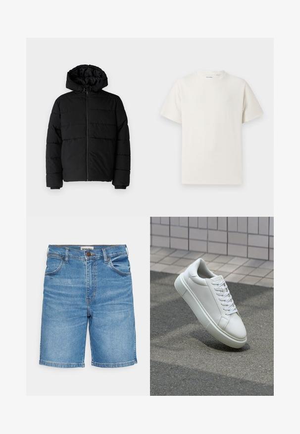 Svart boblejakke med glidelås foran, hette og horisontalt quiltet design. Laget av et glatt, slitesterkt stoff med ribbede cuffs.; Hvit T-skjorte med kort erm i ribbestrikket tekstur. Rund hals, avslappet passform, ingen synlige mønstre eller detaljer. Enkelt og allsidig design.; Denimshorts i lyseblå med rett passform, fem lommer og knapping i toppen. Har subtil falming og kontraststing.; Hvit lær sneaker med glatt overflate, rund tå og flate hvite snøringer. Har en teksturert gummisåle og minimale design elementer.