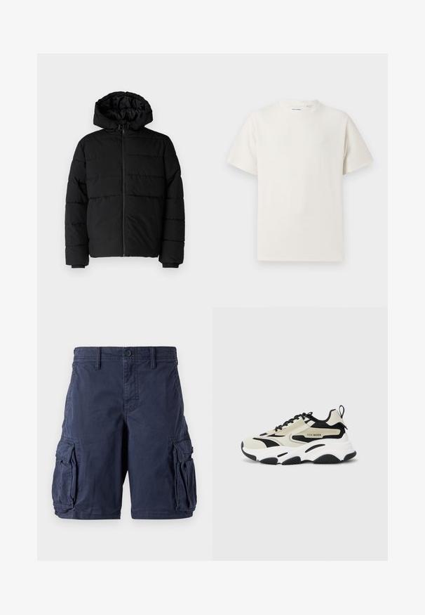 Czarna kurtka puchowa z zamkiem z przodu, kapturem i poziomym pikowaniem. Wykonana z gładkiego, trwałego materiału z prążkowanymi mankietami.; Biała krótka koszulka z krótkim rękawem o żebrowanej fakturze. Okrągły dekolt, luźny krój, brak widocznych wzorów lub akcentów. Prosty i uniwersalny design.; Niebieskie szorty cargo wykonane z bawełny. Posiadają wiele bocznych kieszeni, zapięcie na guzik oraz luźny krój. Gładka tekstura i trwały design.; Chunky sneakers z beżową i czarną siateczką na górze, białą podeszwą środkową, czarną gumową podeszwą oraz detalami logo po bokach.