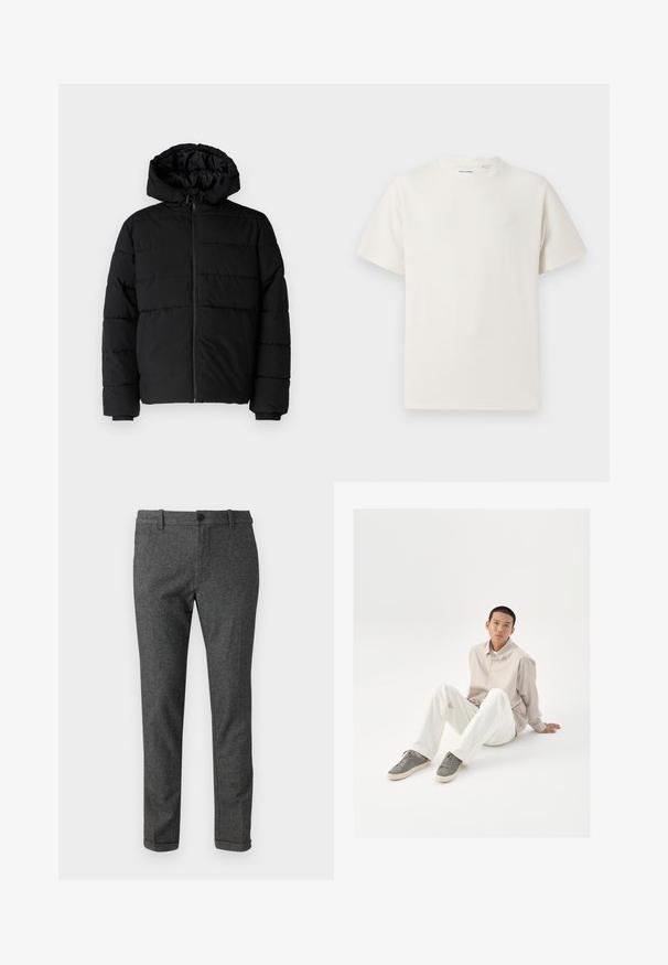 Black puffer jacket featuring a zip front, a hood, and horizontal quilted design. Made of a smooth, durable fabric with ribbed cuffs.; White short-sleeve T-shirt in a ribbed texture. Round neckline, relaxed fit, no visible patterns or accents. Simple and versatile design.; Grey wool blend trousers with a slim fit, featuring a flat front, button closure, and rolled hem. Subtle texture and classic design.; Beige button-up shirt, white pants, and gray sneakers. The shirt has a loose fit, and the sneakers feature a textured surface and lace-up design.