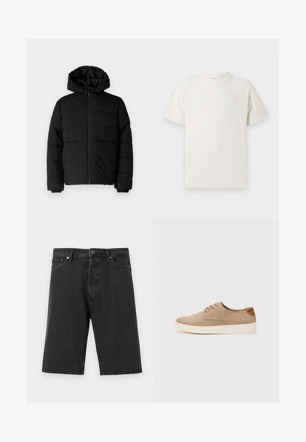 Must värvi puffernahk, millel on seljaed, kapuuts ja horisontaalne õmblusdisain. Valmistatud sujuvast, vastupidavast kangast ja ribakujuliste varrukaotste jaok.; Valge lühikeste varrukatega T-särk ribakudumises. Ümar kaelus, mugav lõige, nähtavad mustrid ega aksessuaarid puuduvad. Lihtne ja mitmekesine disain.; Mustadest denim lühikesed püksid sirge lõikega, standardne viie-tasku disain, nööbiklapp ja tekstuuriga kangas.; Beežid nahast tossud ümarate varvastega, paeltega esiosa ja tekstuuriga tagakontuuriga. Valge kummist tallapakkumine loob kontrasti. Lihtne ja kaasaegne disain.