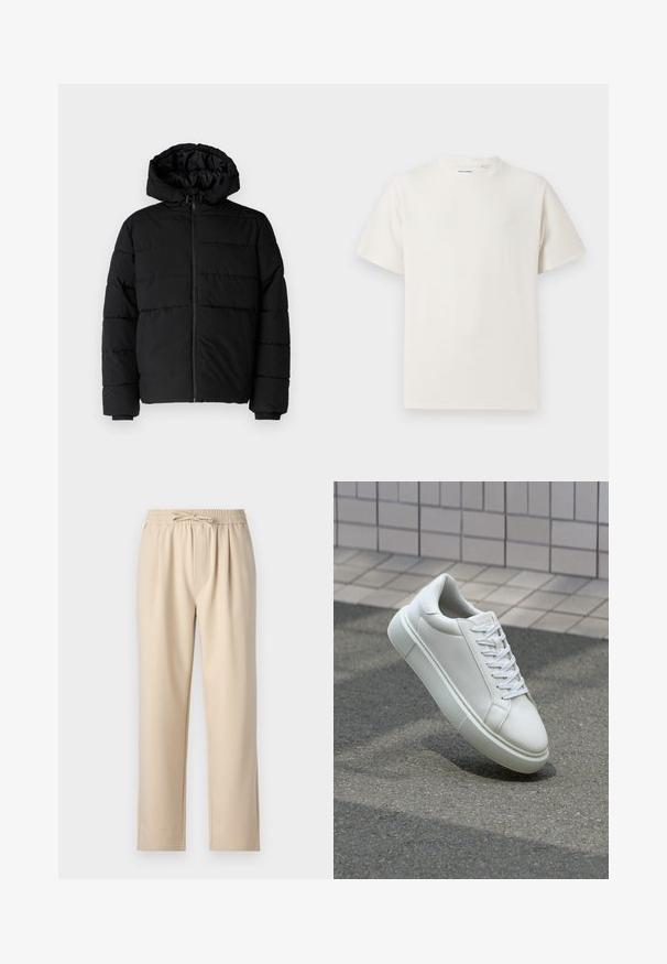 Doudoune noire avec fermeture éclair à l'avant, capuche et design matelassé horizontal. Fabriquée dans un tissu lisse et durable avec des poignets côtelés.; T-shirt blanc à manches courtes en texture côtelée. Encolure ronde, coupe décontractée, sans motifs ni accents visibles. Design simple et polyvalent.; Pantalons beiges avec une taille élastique à cordon de serrage, design à jambe droite et texture de tissu douce et lisse.; Baskets en cuir blanc avec une surface lisse, bout rond et lacets plats blancs. Présentent une semelle en caoutchouc texturée et des éléments de design minimalistes.