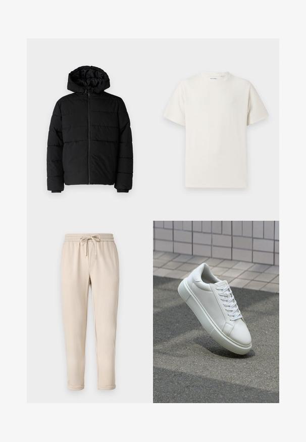 Doudoune noire avec fermeture éclair à l'avant, capuche et design matelassé horizontal. Fabriquée dans un tissu lisse et durable avec des poignets côtelés.; T-shirt blanc à manches courtes en texture côtelée. Encolure ronde, coupe décontractée, sans motifs ni accents visibles. Design simple et polyvalent.; Pantalons de jogging beiges avec une taille élastique et un cordon de serrage, dotés de poches latérales et de chevilles fuselées. Texture lisse, design décontracté.; Baskets en cuir blanc avec une surface lisse, bout rond et lacets plats blancs. Présentent une semelle en caoutchouc texturée et des éléments de design minimalistes.