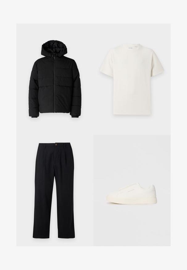 Doudoune noire avec fermeture éclair à l'avant, capuche et design matelassé horizontal. Fabriquée dans un tissu lisse et durable avec des poignets côtelés.; T-shirt blanc à manches courtes en texture côtelée. Encolure ronde, coupe décontractée, sans motifs ni accents visibles. Design simple et polyvalent.; Pantalons noirs en tissu léger avec un devant plissé, jambes droites et un unique bouton marron à la taille.; Baskets blanches sans lacets avec une surface texturée, une semelle épaisse et un design minimaliste. Présente le logo de la marque sur le côté.