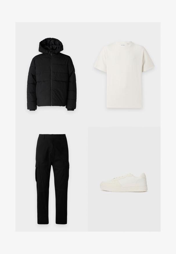 Doudoune noire avec fermeture éclair à l'avant, capuche et design matelassé horizontal. Fabriquée dans un tissu lisse et durable avec des poignets côtelés.; T-shirt blanc à manches courtes en texture côtelée. Encolure ronde, coupe décontractée, sans motifs ni accents visibles. Design simple et polyvalent.; Pantalon cargo noir avec plusieurs poches latérales, une coupe droite et une fermeture à bouton, fabriqué en coton durable.; Baskets blanches avec un dessus en cuir lisse et des accents en daim. Elles disposent d'un bout perforé, de lacets plats et d'une semelle en caoutchouc avec des détails texturés.