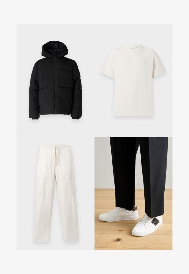 Svart boblejakke med glidelås foran, hette og horisontalt quiltet design. Laget av et glatt, slitesterkt stoff med ribbede cuffs.; Hvit T-skjorte med kort erm i ribbestrikket tekstur. Rund hals, avslappet passform, ingen synlige mønstre eller detaljer. Enkelt og allsidig design.; Lyse beige cargo-bukser laget av bomullsblanding; med elastisk midjebånd, snøring og to sidelommer for funksjonalitet.; Hvite sneakers med glatt tekstur, med brune skinnakenter og svart detaljer, parret med svarte skreddersydde bukser. Bakgrunn med tregulv.