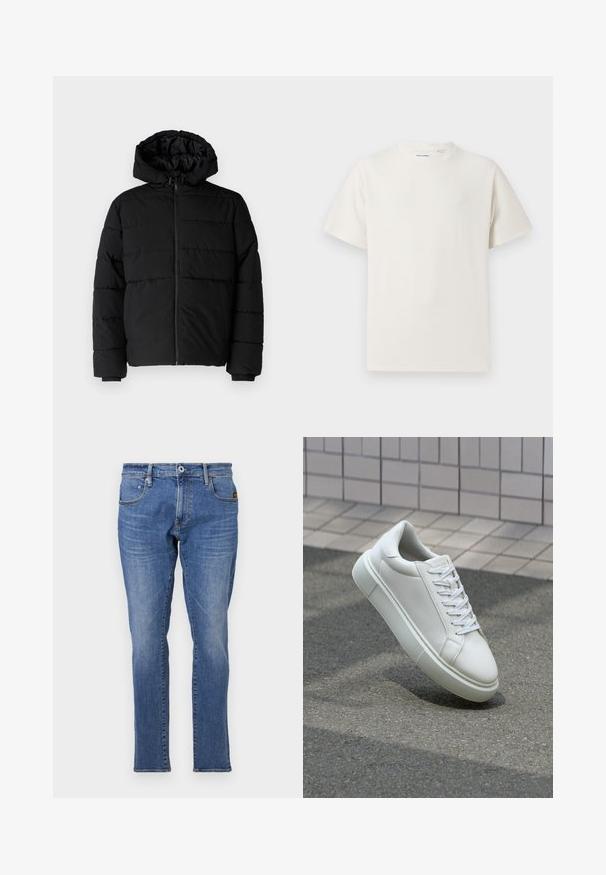 Casaco puffer preto com fecho de correr, capuz e design acolchoado horizontal. Feito de um tecido liso e durável com punhos canelados.; T-shirt branco de manga curta em textura canelada. Gola redonda, ajuste descontraído, sem padrões ou detalhes visíveis. Design simples e versátil.; Jeans de ganga azuis com um design clássico de perna reta, estilo de cinco bolsos e detalhes em costura laranja. O tecido é texturizado e durável.; Tênis de couro branco com superfície lisa, bico redondo e cadarços brancos planos. Apresenta uma sola de borracha texturizada e elementos de design minimalistas.