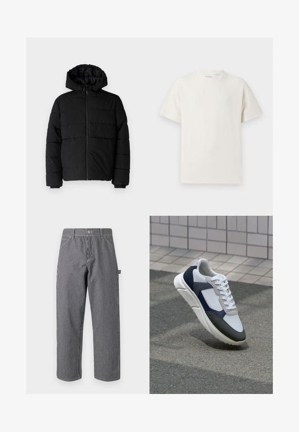 Sort pufferjakke med lynlås foran, hætte og vandret quiltet design. Lavet af et glat og holdbart stof med ribbede manchetter.; Hvid kortærmet T-shirt i ribbet tekstur. Rund halsudskæring, løs pasform, ingen synlige mønstre eller accenter. Enkel og alsidig design.; Stribede bukser lavet af en blanding af bomuldsstoffer, der har lodrette sort-hvide striber, knaplukning og sidelommer.; Hvide, marineblå og grå sneakers med et design i blandede materialer, der har en tekstureret overdel, flade snørebånd og en polstret sål.