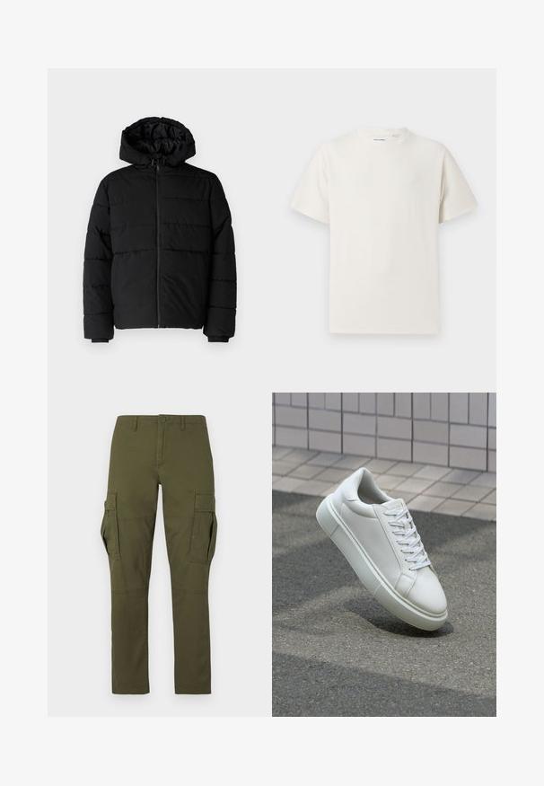 Juodas pūkinis švarkas su užtrauktuku priekyje, gaubtu ir horizontaliai siuvinėtu dizainu. Pagamintas iš lygaus, tvirto audinio su raukiniais ant rankovių.; Balta trumpa rankovė T-polo marškinėlių su juostelėmis tekstūra. Apvalus iškirpimas, laisvas fasonas, jokių matomų raštų ar akcentų. Paprastas ir universalus dizainas.; Žalios krovinių kelnės su keliomis kišenėmis, įskaitant dvi dideles šonines kišenes su atvartais, su sagų uždarymu ir diržo kilpomis juosmens juostoje.; Balti odiniai sportbačiai su lygiu paviršiumi, apvalia nosimi ir plokščiomis baltomis raištelėmis. Yra tekstūruotas gumos padas ir minimalizmas dizaino elementuose.