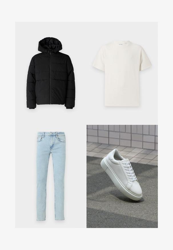 Casaco puffer preto com fecho de correr, capuz e design acolchoado horizontal. Feito de um tecido liso e durável com punhos canelados.; T-shirt branco de manga curta em textura canelada. Gola redonda, ajuste descontraído, sem padrões ou detalhes visíveis. Design simples e versátil.; Calças de ganga azul claro com corte de perna reta, apresentando cinco bolsos, ligeiro desbotamento e detalhes clássicos de costura.; Tênis de couro branco com superfície lisa, bico redondo e cadarços brancos planos. Apresenta uma sola de borracha texturizada e elementos de design minimalistas.